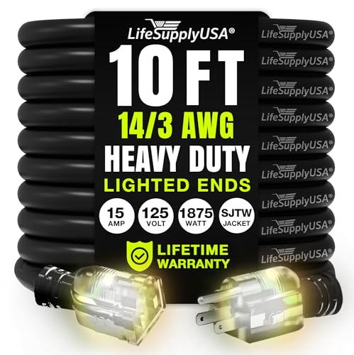 10ft Outdoor/Indoor Extension Cord 14/3 Gauge Heavy Duty 3 Prong SJTW, Waterproof, Flexible Cold-Resistant Long Power Cord,15A 125V 1875W, Black by LifeSupplyUSA - color: Black, size: 10 FT, style: 14AWG