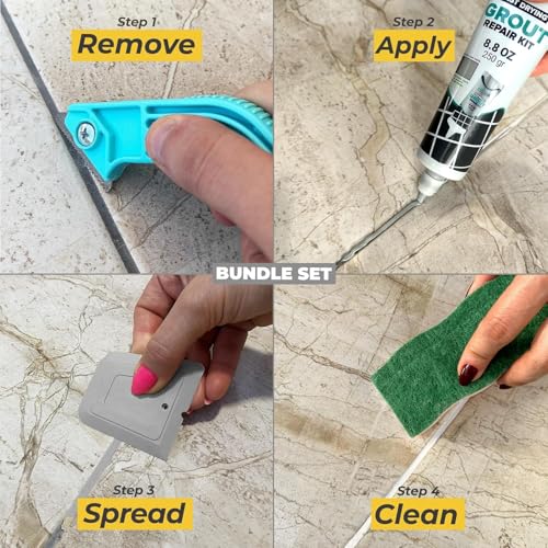 PentaUSA Tile Grout Repair Kit with Removal Tool - Premixed Acrylic Sanded Grout Filler for Bathroom, Shower, and Kitchen, Includes Applicator Spatula, and Sponge - (Gray) (8.8oz / 250g) - style: Grey