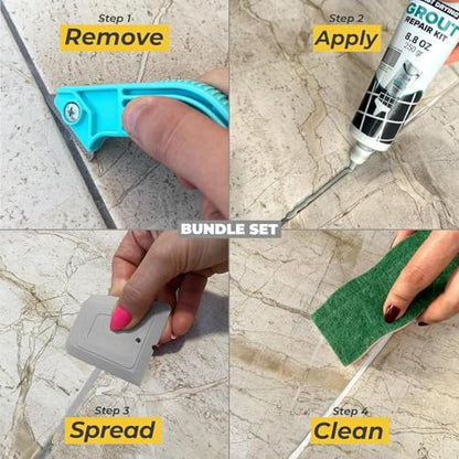 PentaUSA Tile Grout Repair Kit with Removal Tool - Premixed Acrylic Sanded Grout Filler for Bathroom, Shower, and Kitchen, Includes Applicator Spatula, and Sponge - (Gray) (8.8oz / 250g) - style: Grey