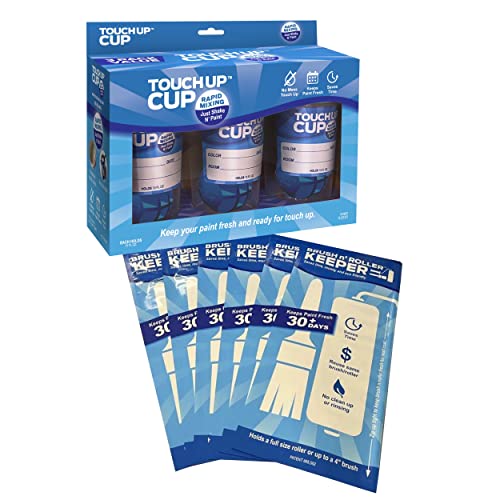Touch Up Cup Paint Storage Containers and Roller Paint Brush Bag, 3 Plastic Painting Cups with Lids, 6 Bags, As Seen On Shark Tank Products - style: 3 Cups + 6 Brush&Roller Keepers