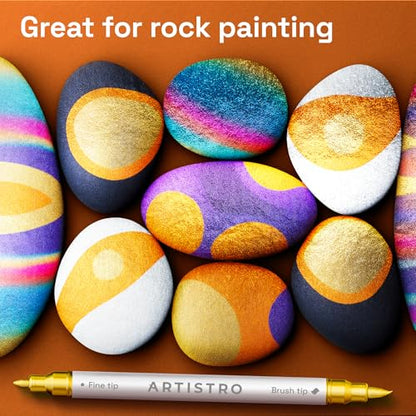ARTISTRO 12 Gold Acrylic Paint Markers - Paint Pens for Drawing, Brush + Fine Tips - For Fabric, Rock, Glass, Wood, DIY - Art & Craft Supplies for Adults, Teens, Kids - Teacher Appreciation Gift - style: Gold