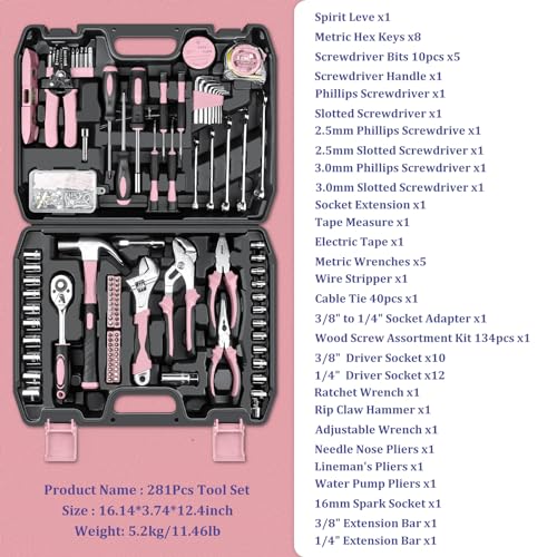 Sundpey Home Tool Kit 281-PCs - General Basic Home Auto Repair Tool Kits - Complete Portable Hand Tool Sets for Women - Tool Box Set with Socket Wrench Set & Screwdriver Sets & Hex Key & Pliers - color: Pink