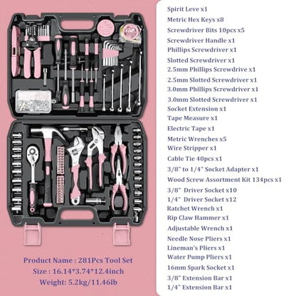 Sundpey Home Tool Kit 281-PCs - General Basic Home Auto Repair Tool Kits - Complete Portable Hand Tool Sets for Women - Tool Box Set with Socket Wrench Set & Screwdriver Sets & Hex Key & Pliers - color: Pink