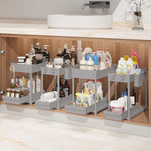 Sevenblue Under Sink Organizer, Bathroom Organizers and Storage, 2 Tier Multi-Use Pull Out Cabinet Organizer with Hang Hooks and Cups (Gray, 4 Pack) - color: Gray, size: 12.8 Inch