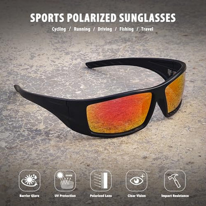 Polarized Sports Sunglasses for Men Women Unbreakable Frame Cycling Fishing Wrap Around Sunglasses UV400 Protection - color: 1-black Frame/Red Mirror Lens
