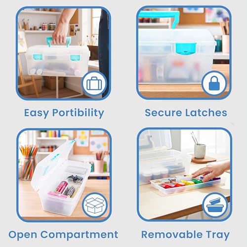 ArtBin 6937AG Essentials Lift-Out Tray Box, Portable Art & Craft Organizer with Handle and Tray, Clear/Aqua