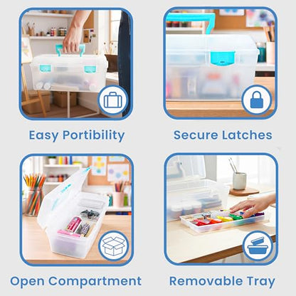 ArtBin 6937AG Essentials Lift-Out Tray Box, Portable Art & Craft Organizer with Handle and Tray, Clear/Aqua