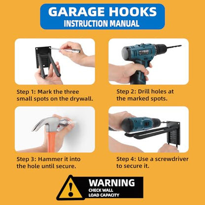 6 Pack Garage Hooks 10 INCH Heavy Duty Two-Tier Steel Shed Wall Mount Workshop Garage Storage Tool Organizer Hooks for Hanging Garden Tool, Hose, Ladder, Chairs, Bikes with Anti-Slip Coating