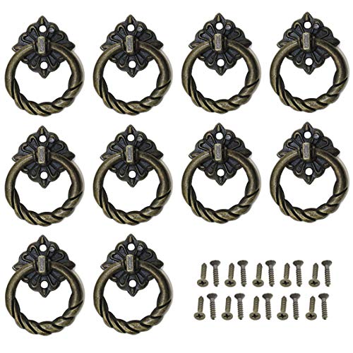 Antique Bronze Pulls Ring 10Pcs, 1.38 Inch Drawer Handles, Drop Ring Pulls Vintage Solid Brass Kitchen Cabinet Hardware for Dresser Drawers Wardrobe Cupboard Furniture - color: Bronze, size: D1.38"