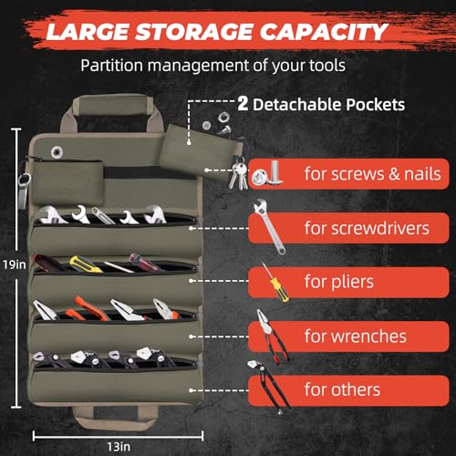 Tool Roll Up Bag, Gifts for Men Dad from Wife Daughter Fathers Day, Portable Tools Box Storage for Men, Heavy Duty Tool Organizer W/Detachable Pouches for Electrician Mechanic Carpenter - style: Roll-Khaki&green