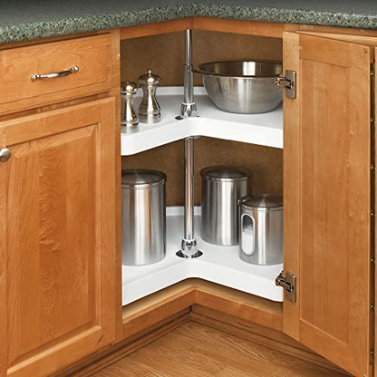 Rev-A-Shelf 32" Kidney Shaped Dual Tier Lazy Susan Organizer for Corner Base Kitchen Cabinets, Plastic Home Storage Shelves, White, 6472-32-11-52 - size: 32 In.