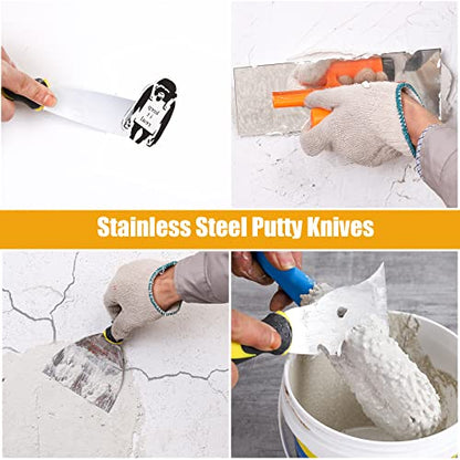 DEKEones Drywall Knife Set, 8 Pieces Stainless Steel Drywall Hand Tool Kit Includes Taping Knives, Putty Knives, Finishing Trowel, Mud Scoop and 12" Mud Pan with Ergonomic Handles for Drywall Work