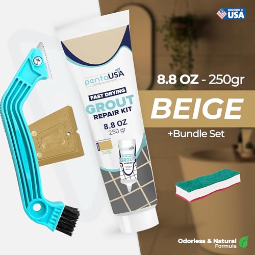 PentaUSA Tile Grout Repair Kit with Removal Tool - Premixed Acrylic Sanded Grout Filler for Bathroom, Shower, and Kitchen, Includes Applicator Spatula, and Sponge Warm Beige (8.8oz / 250g) - style: Warm Beige