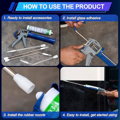 Handmade Stainless Steel Caulk Nozzle Extender 290-375mm, 4 Pcs Straight & Curved Glass Glue Nozzle Extension for Silicone Sealant