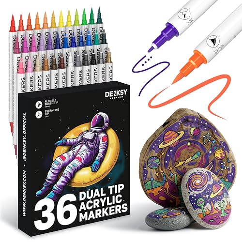 36 Dual Tip Acrylic Paint Markers Set | Colored Markers Brush & Extra Fine Tips | Water-Based Art Markers | Acrylic Paint Pens for Rock Painting, Canvas, Glass, Wood, Ceramic DIY Crafts & Art Supplies