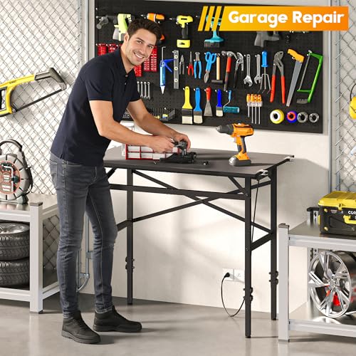 Small Workbench, 1000 Lbs Metal Work Benches for Garage, 38.58" Adjustable Work Table with Power Strip Sewing Table Workshop Home DIY