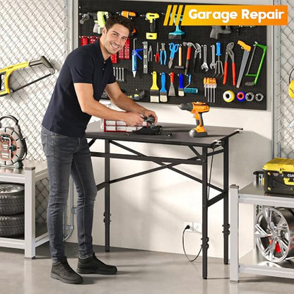 Small Workbench, 1000 Lbs Metal Work Benches for Garage, 38.58" Adjustable Work Table with Power Strip Sewing Table Workshop Home DIY