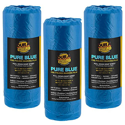 Dura-Gold 48" x 88' Pure Blue Pre-Folded Masking Film, (3 Pack) Painters Plastic Roll (0.4 Mil), Pull Down Drop Sheet, Pre-Folded Plastic Sheeting for Painting Protection on Auto, Walls, Furniture