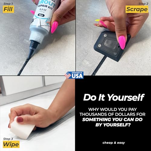 PentaUSA Tile Grout Repair Kit - Black Premixed Acrylic Sanded Grout Filler for Bathroom, Shower, and Kitchen Tile Repair, Water-Resistant Tube with Applicator, Fills Cracks and Gaps, (8.8oz / 250g)