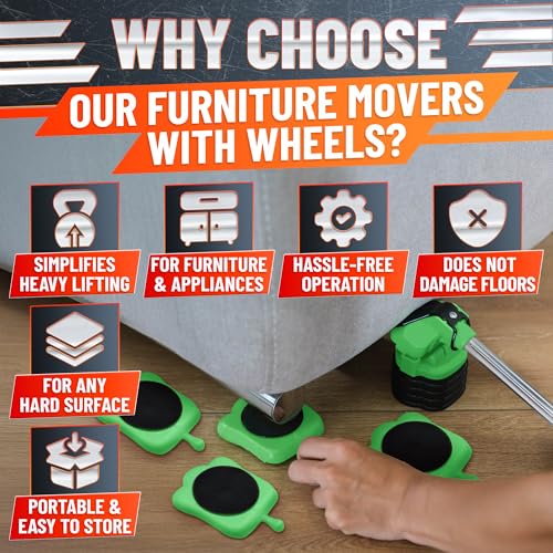 Furniture Jack Lifter Tool – Heavy Furniture Lifter with Wheels and Tool for Moving Appliances, Load Capacity Up to 660 Lbs – Glides Smoothly on Wood, Tile, Laminate, and Other Hard Floor Surfaces - color: Green
