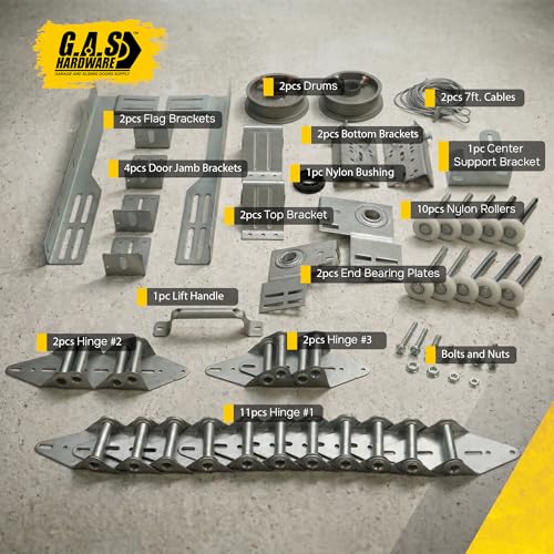 G.A.S. Hardware Garage Door Parts Installation Bundle Kit Set for 16' by 7' Overhead Doors | Fix Replace Garage Hardware Brackets, Drums, Cables, Hinges, Rollers, Screws, Door Jamb, Bearing, Bolts