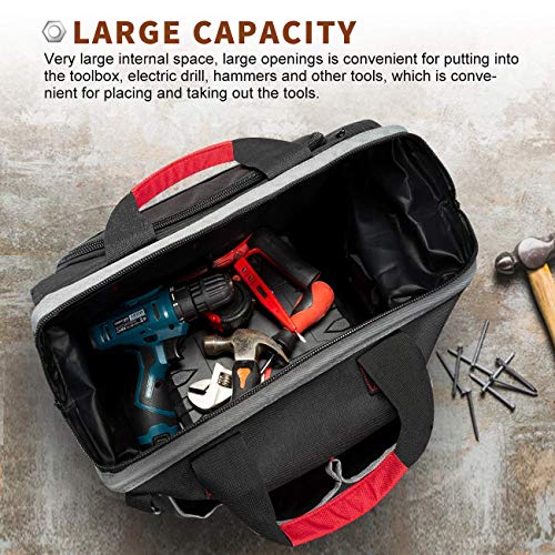 Tool Bag, Waterproof Tool Bags for Men or Women, 16-inch Wide Mouth Tool Bag Organizer with 25 Pockets for Tool Storage Bag, with Adjustable Shoulder Strap (Black/Red)