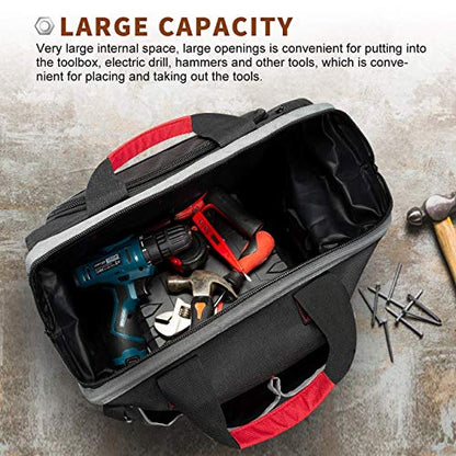 Tool Bag, Waterproof Tool Bags for Men or Women, 16-inch Wide Mouth Tool Bag Organizer with 25 Pockets for Tool Storage Bag, with Adjustable Shoulder Strap (Black/Red)