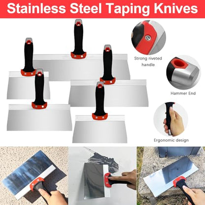 Drywall Knife 5pcs/Set, Stainless Steel Taping Knives Kit Includes 6'', 8'', 10'', 12'', 14'' Tools, Perfect for Drywall Joint Taping, Finishing & Patching - color: Black - C Set