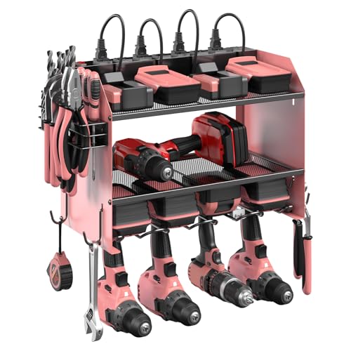 CCCEI Modular Power Tool Organizer Wall Mount with Charging Station. Garage Drill Storage Shelf with Hooks, Heavy Duty Rack, Tool Battery Holder Built in 8 Outlet. Gift for Men. Pink, 1 Pack. - color: K_Pink