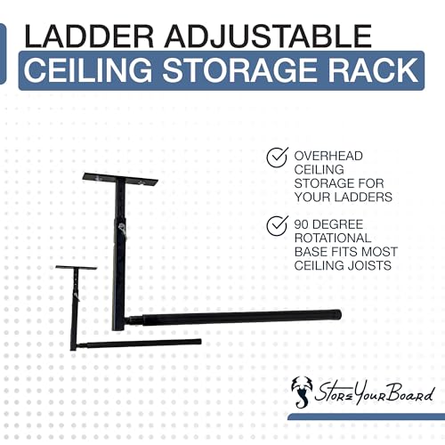 StoreYourBoard Adjustable Overhead Ladder Rack – Garage Organizer Ladder Shelf for Step & Extension Ladders - Storage Racks and Shelving for Garage Organization - Ceiling Mounted - Holds 75 lbs - size: Single