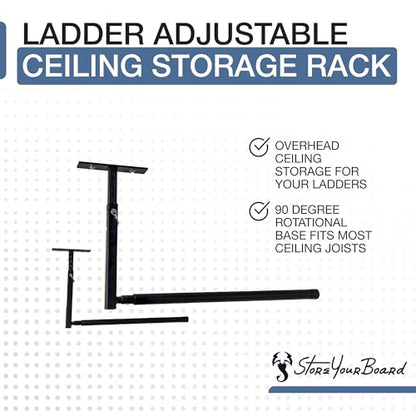 StoreYourBoard Adjustable Overhead Ladder Rack – Garage Organizer Ladder Shelf for Step & Extension Ladders - Storage Racks and Shelving for Garage Organization - Ceiling Mounted - Holds 75 lbs - size: Single