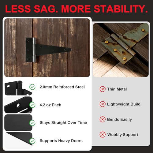 5 Inch Heavy Duty Door Hinges, 6 Pack Black Hinges T Strap Hinges, True 2.0mm Thick Reinforced Steel, Complete Screws Included, Shed Door Hinges & Gate Hinges for Wood and Metal Doors, Outdoor Use - size: 5IN-6PCS