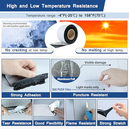BXI Fluorocarbon Film Asphalt Waterproof Tape, 4 Inches X 32 Feet, Weatherproof Sealing Membrane, Self-Adhesive SBS Modified Bitumen Flashing Sealant Patch, Seam Leak for Roof Window Driveway Repair - size: 4" x 32'