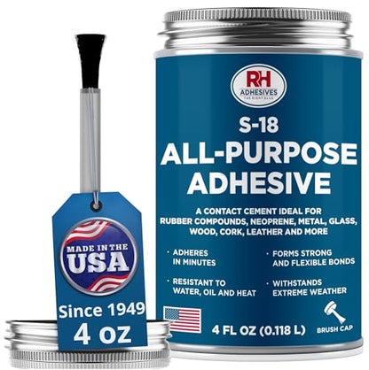 S-18 All-Purpose Adhesive, 4 oz. can - Multi-Purpose, Rubber, Metal, Leather, Felt, Wood, Neoprene, Glass, Flexible, Waterproof, Long Lasting - RH Adhesives - size: 4 oz