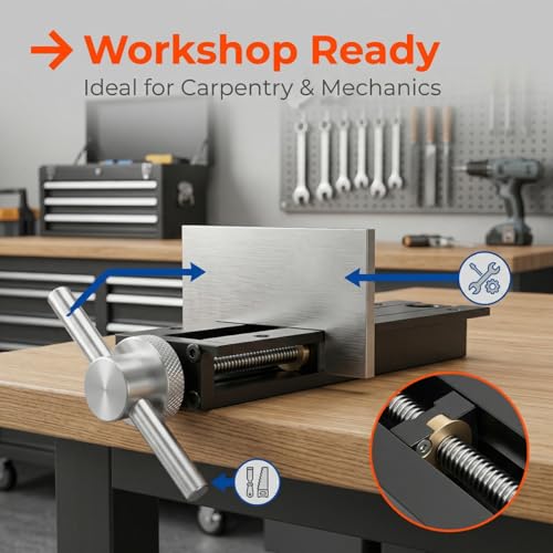 Woodworking Bench Tail Vise, 0-110 mm Stroke 20mm Table Hole Stainless Steel Anodizing Process Quick Shift Woodworking Vise with Crank Wheel Workbench Vises for Drilling