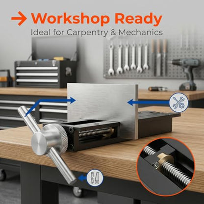 Woodworking Bench Tail Vise, 0-110 mm Stroke 20mm Table Hole Stainless Steel Anodizing Process Quick Shift Woodworking Vise with Crank Wheel Workbench Vises for Drilling