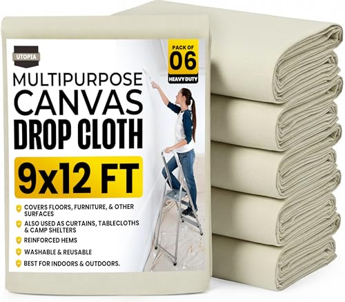 Utopia Drop Cloth for Painting (9x12 ft, 6 Pack) Washable and Reusable Canvas Fabric for Furniture & Floor Protection Highly Absorbent Paint Cover - Duck Dropcloth for Outdoor and Indoor Use - color: 9ft X 12ft Pack of 6