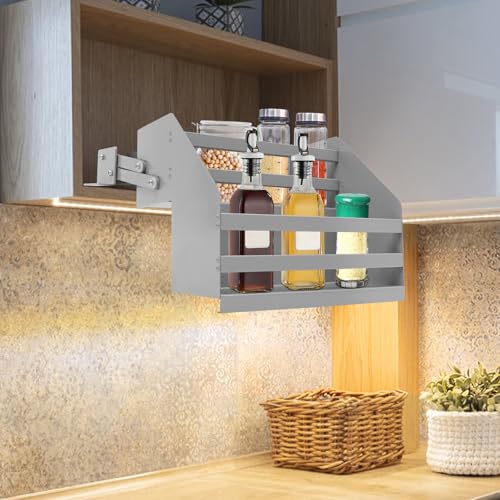 Pull-Down Spice Rack for Upper Cabinets - Heavy Duty 2-Tier Kitchen Cabinet Organizer with 22.05lbs Capacity, Space-Saving Retractable Shelf, Fits 4.72x11.81in Bottle, 15.55x11.42x11.42in