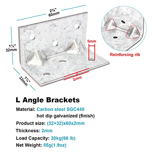 20 PCS 2-3/8" x 1-1/4" x 1-1/4" L Right Angle Bracket, Reinforcing Rib Corner Brace for Wood, Max Load 66 LB - size: 2-3/8" x 1-1/4"