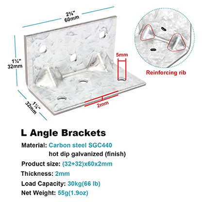 20 PCS 2-3/8" x 1-1/4" x 1-1/4" L Right Angle Bracket, Reinforcing Rib Corner Brace for Wood, Max Load 66 LB - size: 2-3/8" x 1-1/4"