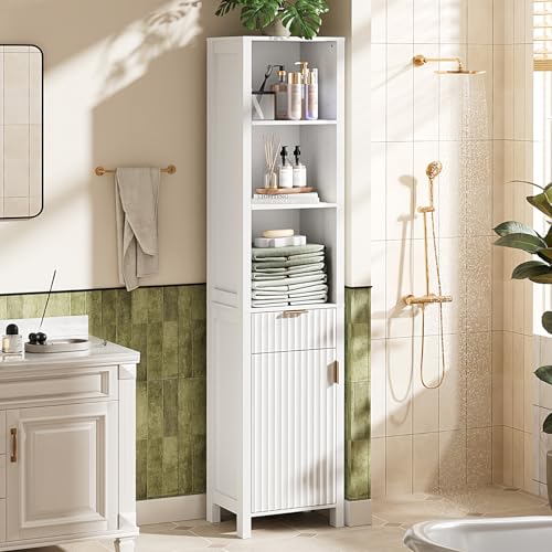 VINGLI 68" Tall Narrow Bathroom Storage Cabinet, Slim Freestanding Floor Cabinet with Fluted Door & Drawer, 12 Inch Deep Skinny Wood Organizer for Small Spaces, Kitchen & Living Room, White - color: Crisp White, style: 68" Tall Fluted Narrow Cabinet