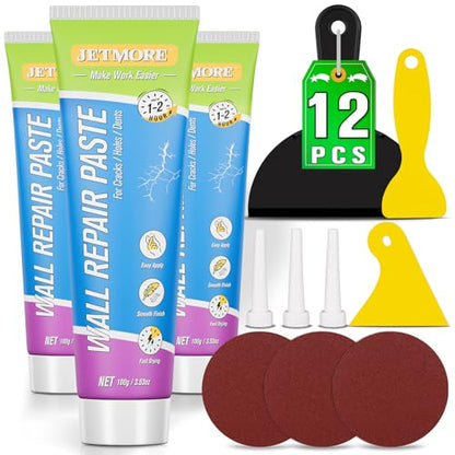 Jetmore 12 Pcs Drywall Repair Kit, 3 × 3.5 oz (100g Each) Spackle, Wall Repair Paste, Wall Putty, Wall Hole Filler with Putty Knife & Sanding Pad for Nail Holes, Cracks, Dents, Wall Mending Agent