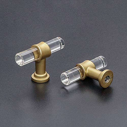 goldenwarm Pack of 15 Drawer Knobs Acrylic Clear T-bar Knobs - LS9165GD Single Hole Handles Brushed Gold Brass Acrylic Cabinet Handles Pulls - color: ‎Brass-acrylic, size: 15 Pack