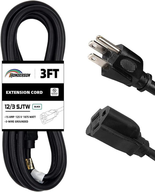 Extension Cord Weatherproof, UL Certified, 12 Gauge 3FT Black 3 Prong Heavy Duty, 12/3 SJTW 15A Power Cord for Lights, Appliances, Lawn - color: Black, size: 3FT, style: 12/3