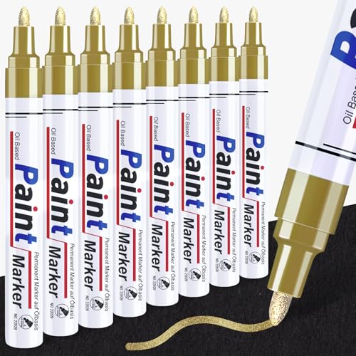 DAPAWIN Gold Paint Pen Paint Markers - 8 Oil Based Pens Metallic Markers, Permanent Marker for Metal, Christmas Cards, Plastic, Glass, Stone, Quick Dry Waterproof Marker Medium Tip - color: Gold