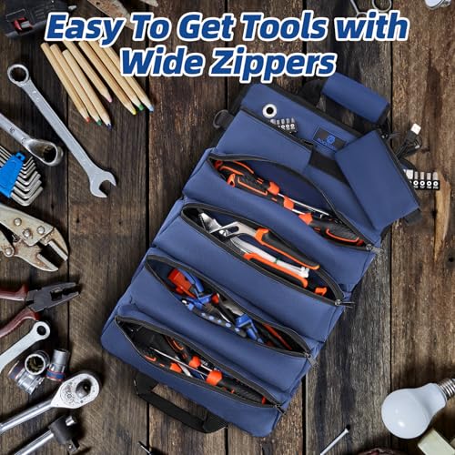Tool Roll Bag, Heavy Duty Tool Organizer Roll Up, Portable Tool Storage Bag Easily Hanging on the Wall and Car for Professional Mechanics, Electricians, Carpenters, and Hobbyists, Blue
