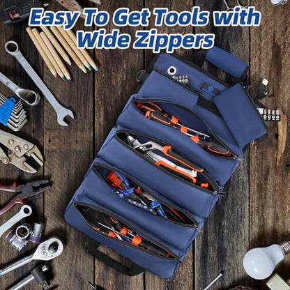 Tool Roll Bag, Heavy Duty Tool Organizer Roll Up, Portable Tool Storage Bag Easily Hanging on the Wall and Car for Professional Mechanics, Electricians, Carpenters, and Hobbyists, Blue