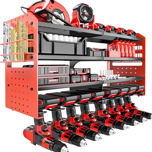 Power Tool Organizer Wall Mount, Metal Power Tool Storage Rack with Screwdriver Holder, Garage Tool Storage Shelves with Screwdriver Holder Plier Holder (Red, 8 Drills Holder) - color: Red, size: 1PC 8 Drills Holder