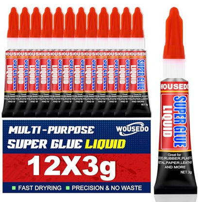WOUSEDO 12 X 3g Super Glue Liquid, Clear Strong Adhesive,Fast Drying Cyanoacrylate Glue for Wood, Rubber, Leather, Plastic, Metal, DIY Crafts and More - size: Pack of 12, style: Liquid