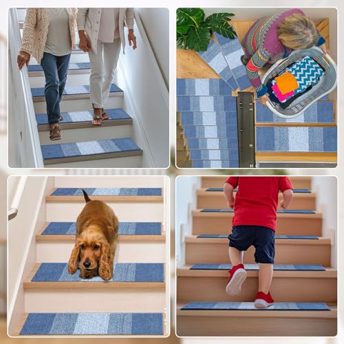 OLANLY Stair Treads Non Slip 15PCS, 8" x 30" Indoor Stair Runners for Wooden Steps, Edging Stair Rugs with Reusable Peel and Stick Adhesive for Kids Elders and Pets, Light Blue - color: Light Blue